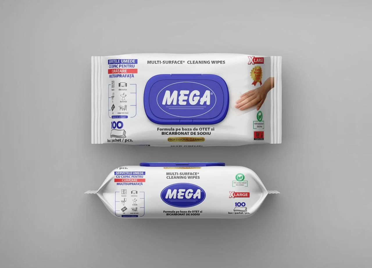 MEGA XLarge – Șervețele Umede pentru Curățarea Multisuprafețelor, cu Oțet și Bicarbonat de Sodiu, 100 buc.