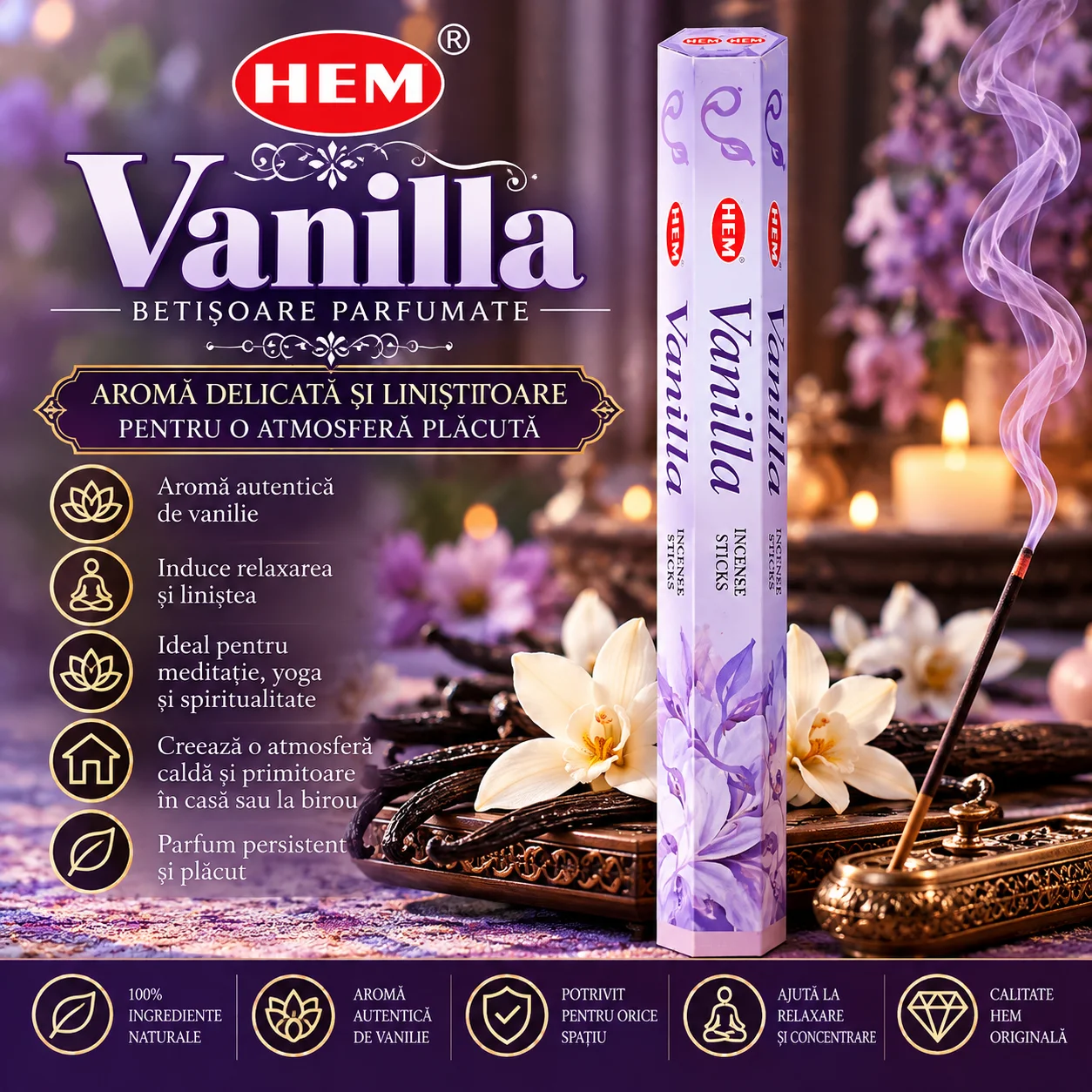 Bețișoare Parfumate HEM – VANILLA, Vanilie.