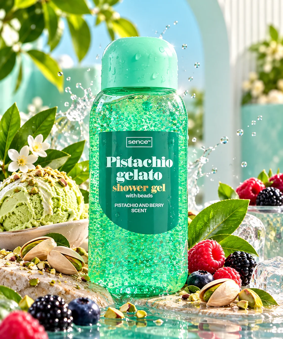 Gel de Duș SENCE – PISTACHIO GELATO cu Particule, Aromă de Fistic și Fructe de Pădure – 300 ml