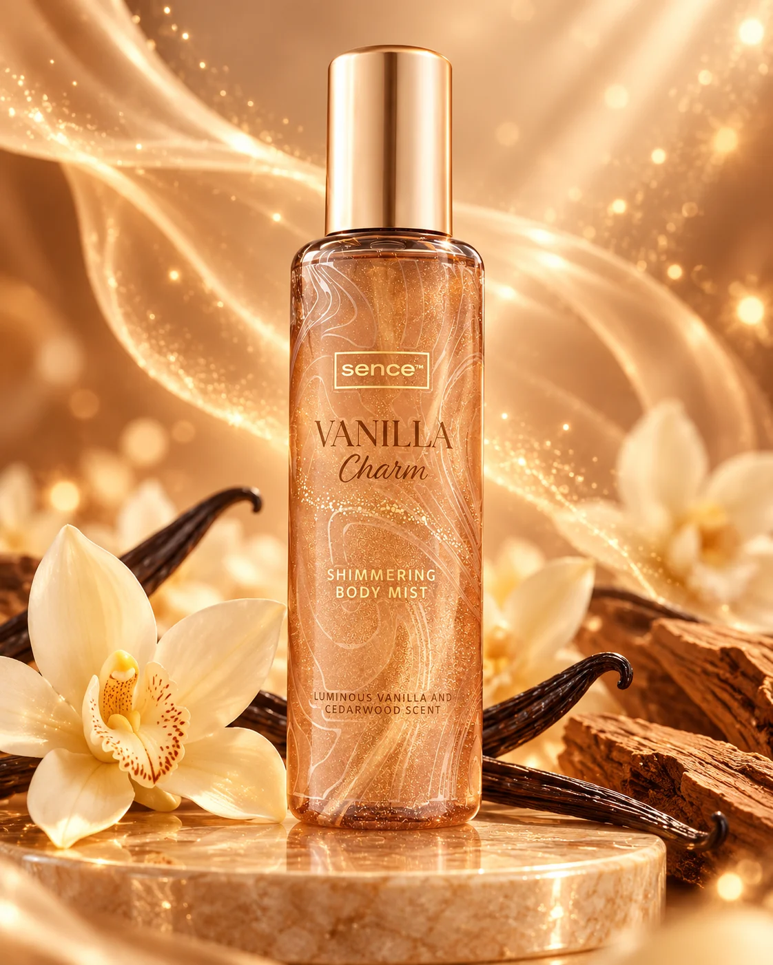 Spray Parfumat cu Sclipici pentru Corp SENCE – VANILLA CHARM, Aromă de Vanilie și Lemn de Cedru