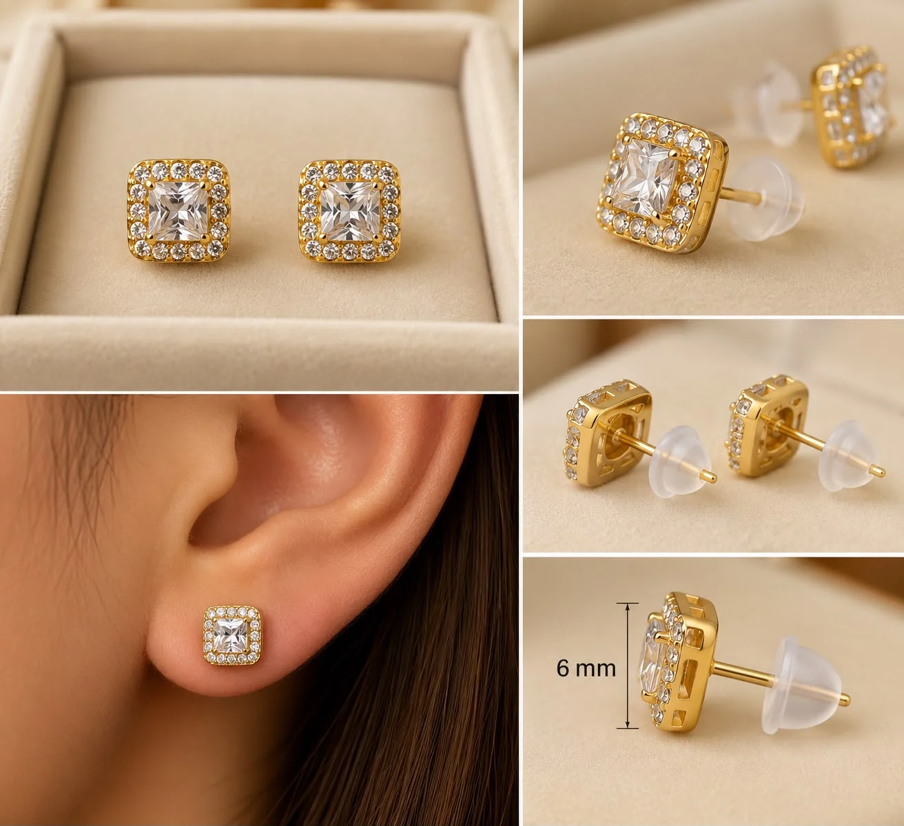 Cercei Aurii Eleganți cu Pietre Pătrate Strălucitoare – 6 mm.