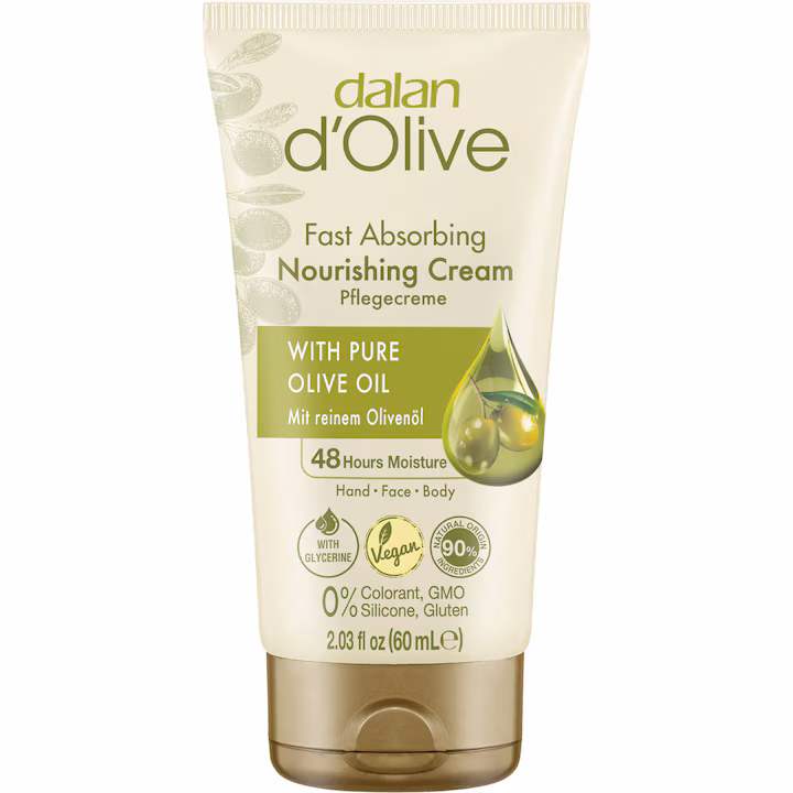 Dalan d'Olive – Cremă Hrănitoare cu Absorbție Rapidă pentru Mâini, Față și Corp, cu Ulei de Măsline, 60 ml.