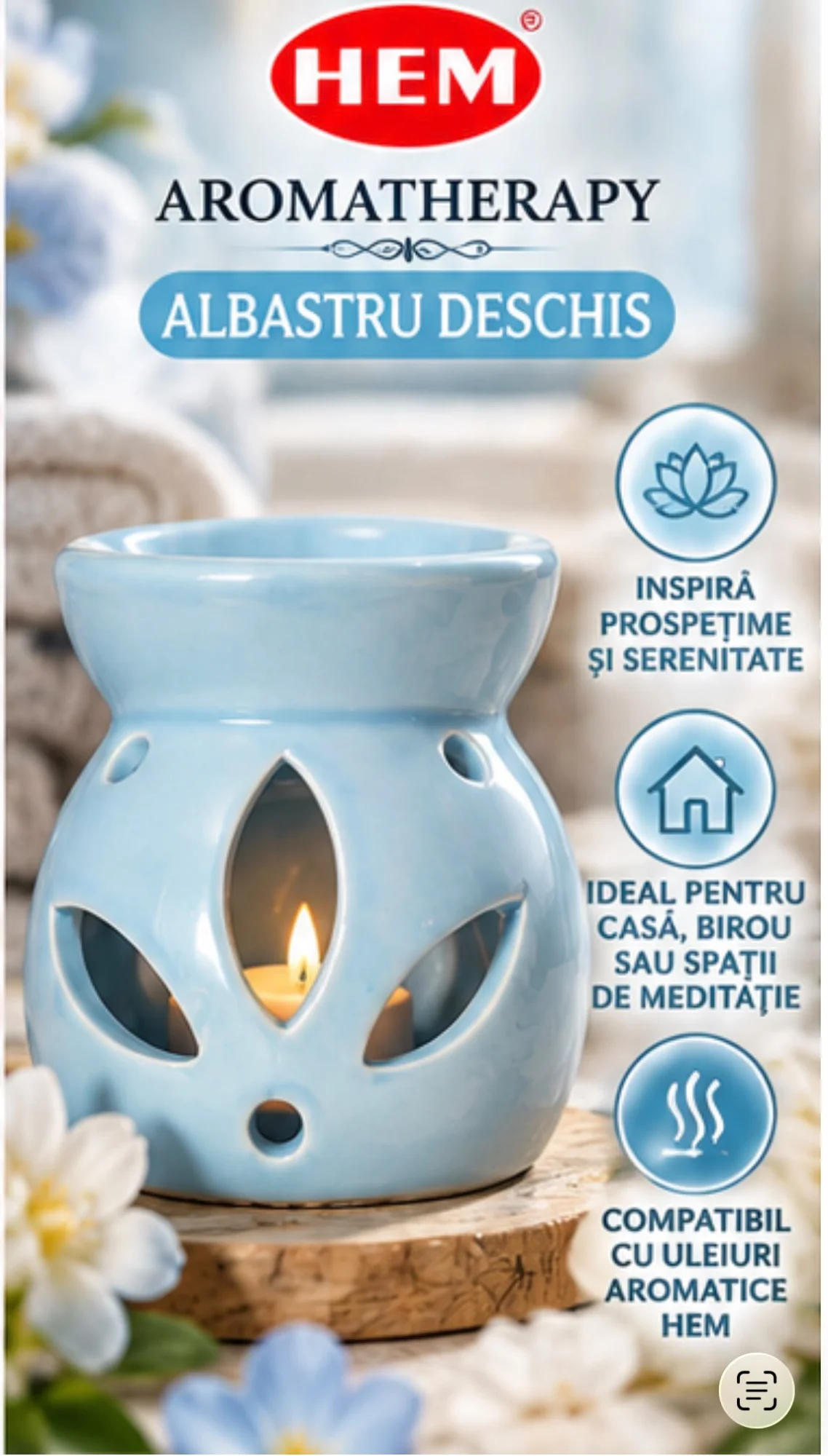 Lampă de Aromaterapie din Ceramică HEM – ALBASTRU DESCHIS.