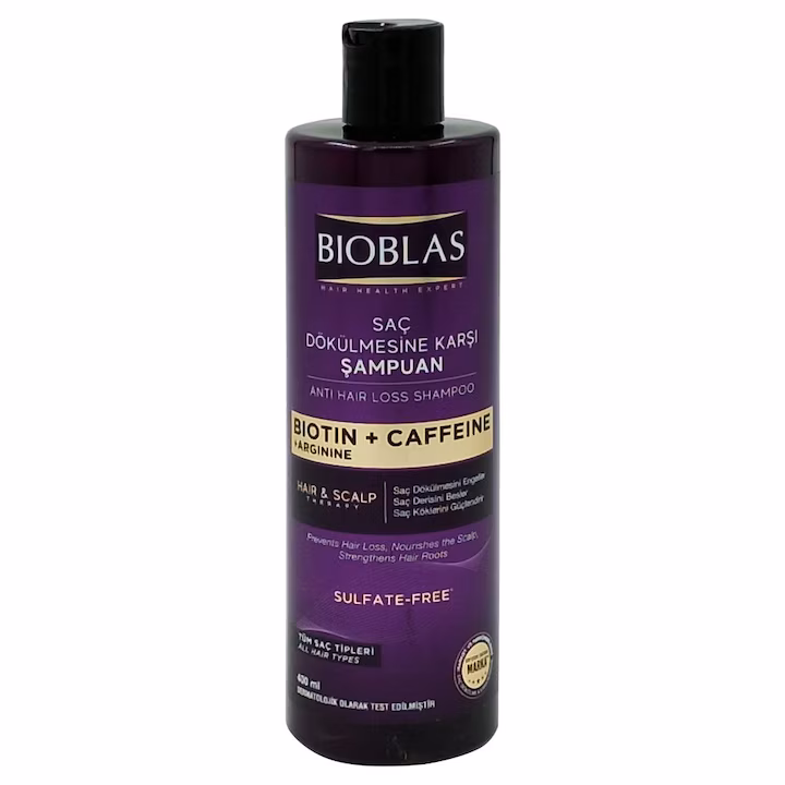 Bioblas Biotin + Caffeine – Șampon Anticădere cu Biotină, Cafeină și Arginină, Fără Sulfați, 400 ml.