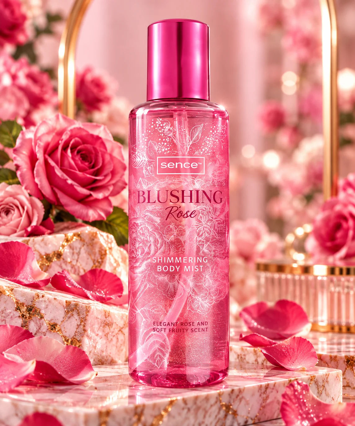 Spray Parfumat cu Sclipici pentru Corp SENCE – BLUSHING ROSE, Aromă de Trandafir și Fructe