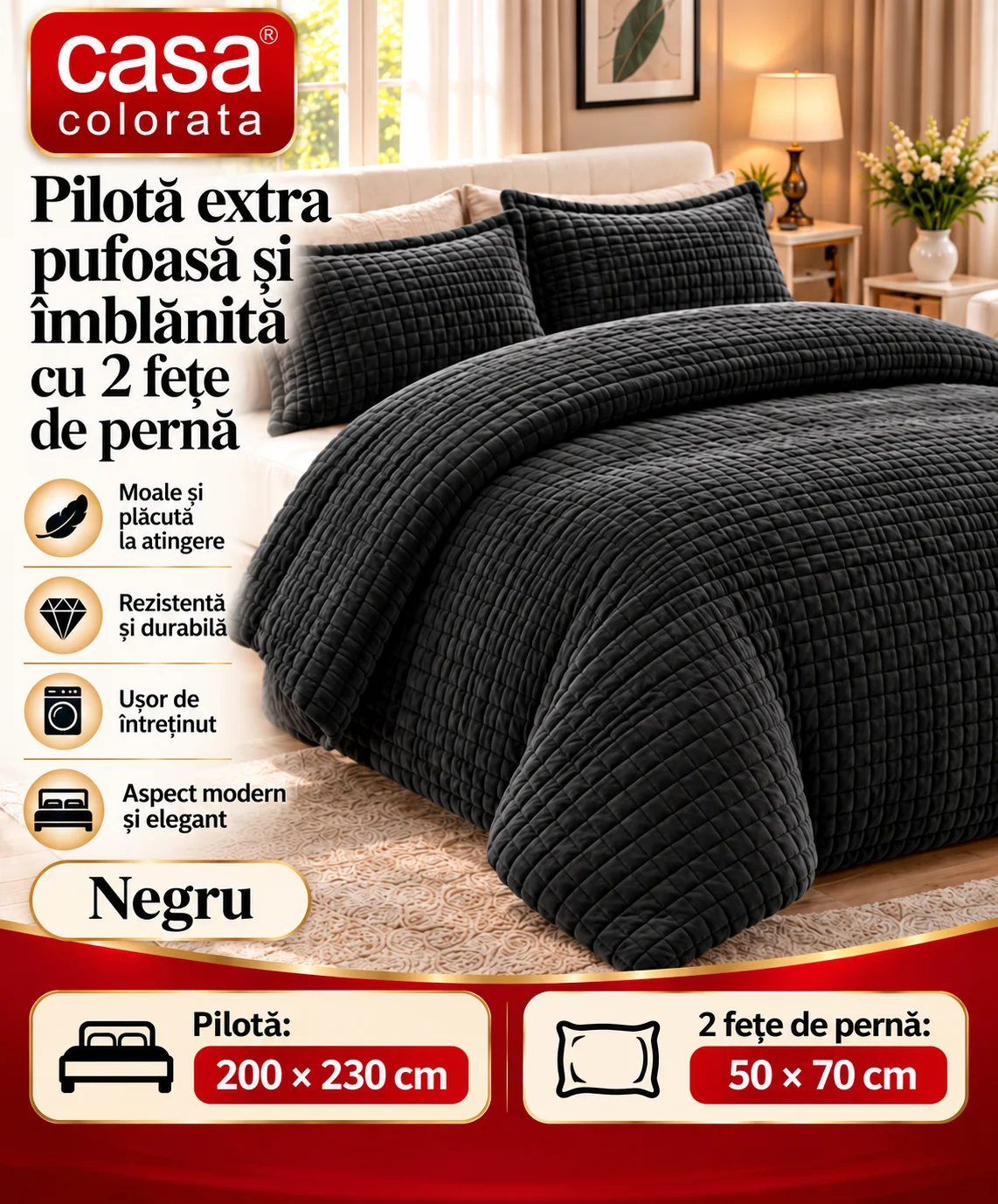 Pilotă Extra Pufoasă și Îmblănită cu 2 Fețe de Pernă Casa Colorată – NEGRU, 200 × 230 cm.