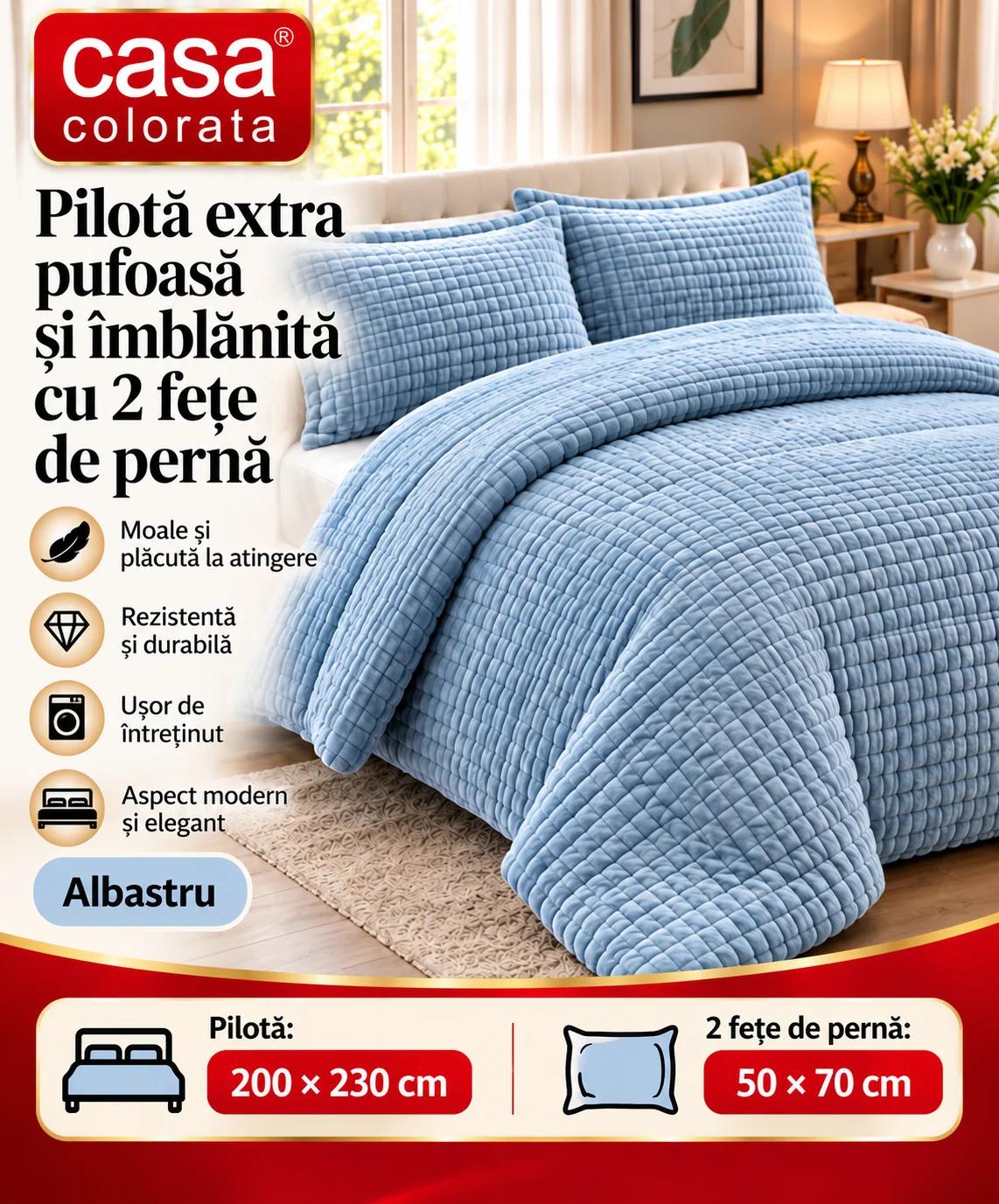 Pilotă Extra Pufoasă și Îmblănită cu 2 Fețe de Pernă Casa Colorată – ALBASTRU, 200 × 230 cm.