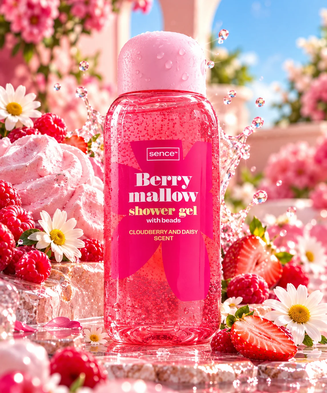 Gel de Duș SENCE – BERRY MALLOW cu Particule, Aromă de Fructe Cloudberry și Margarete – 300 ml