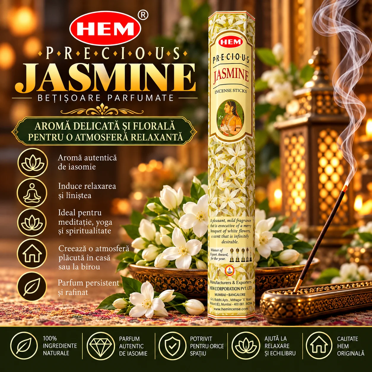 Bețișoare Parfumate HEM – PRECIOUS JASMINE, Iasomie.
