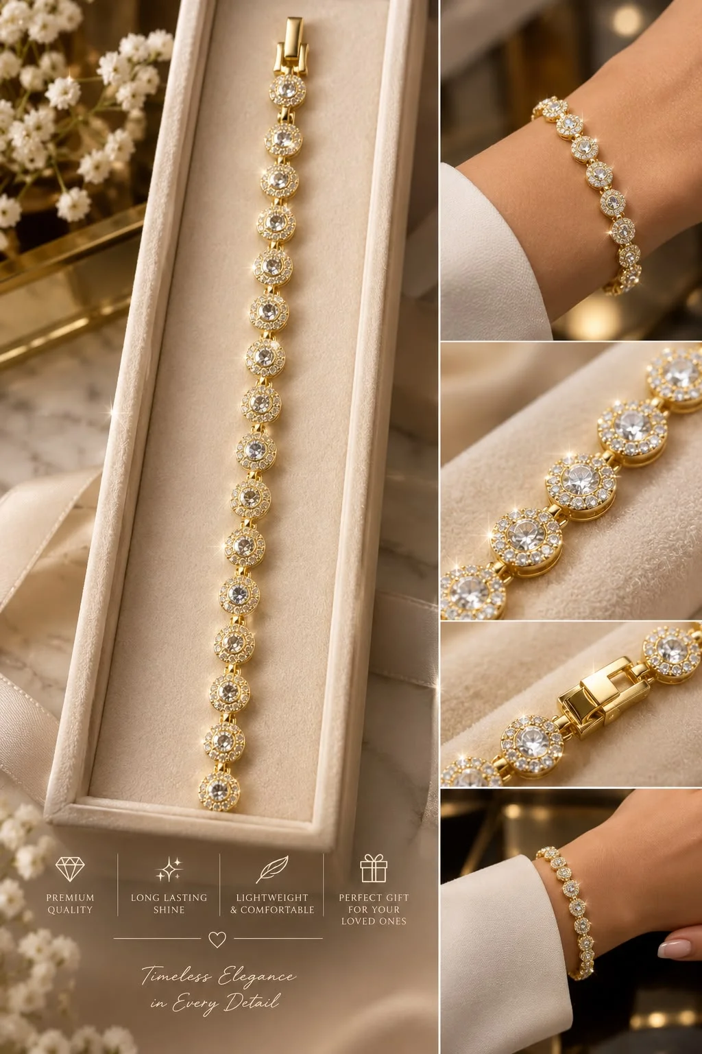 Brățară Aurie Elegantă cu Medalioane Rotunde și Pietre Strălucitoare.