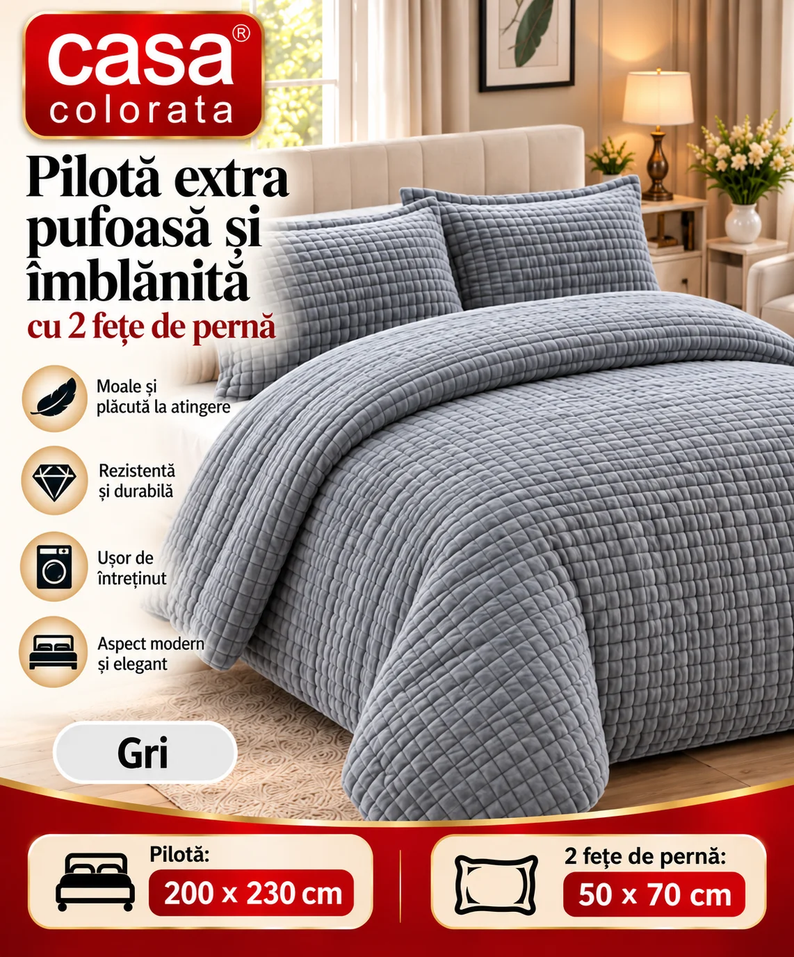 Pilotă Extra Pufoasă și Îmblănită cu 2 Fețe de Pernă Casa Colorată – GRI, 200 × 230 cm.