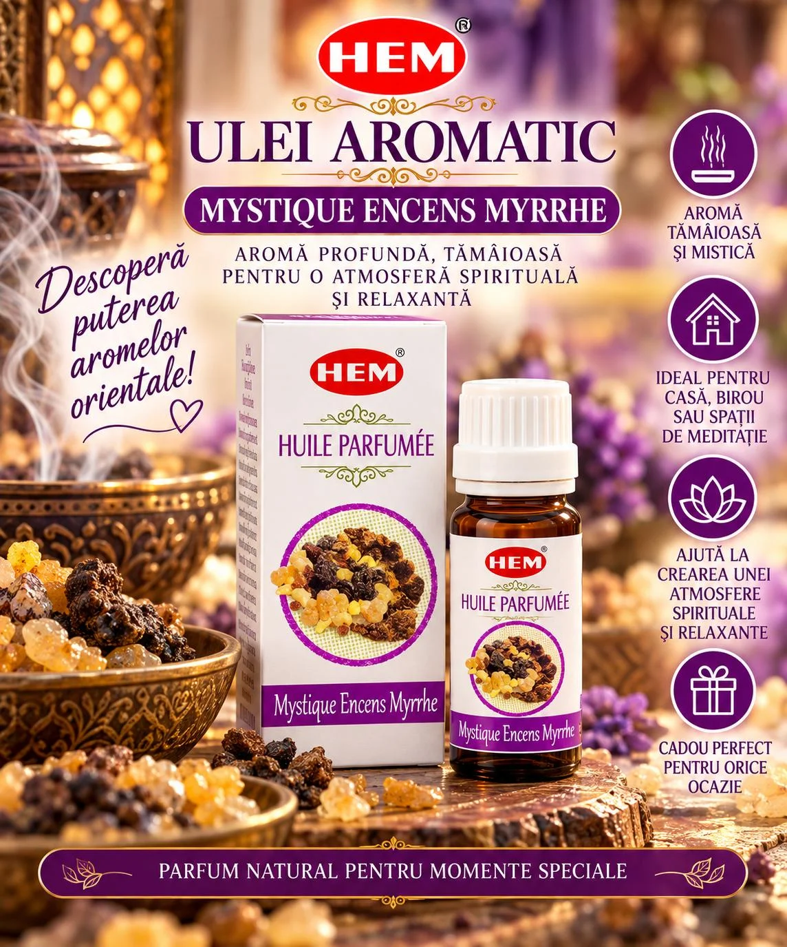 Ulei Parfumat HEM – MYSTIQUE ENCENS MYRRHE, 10 ml.