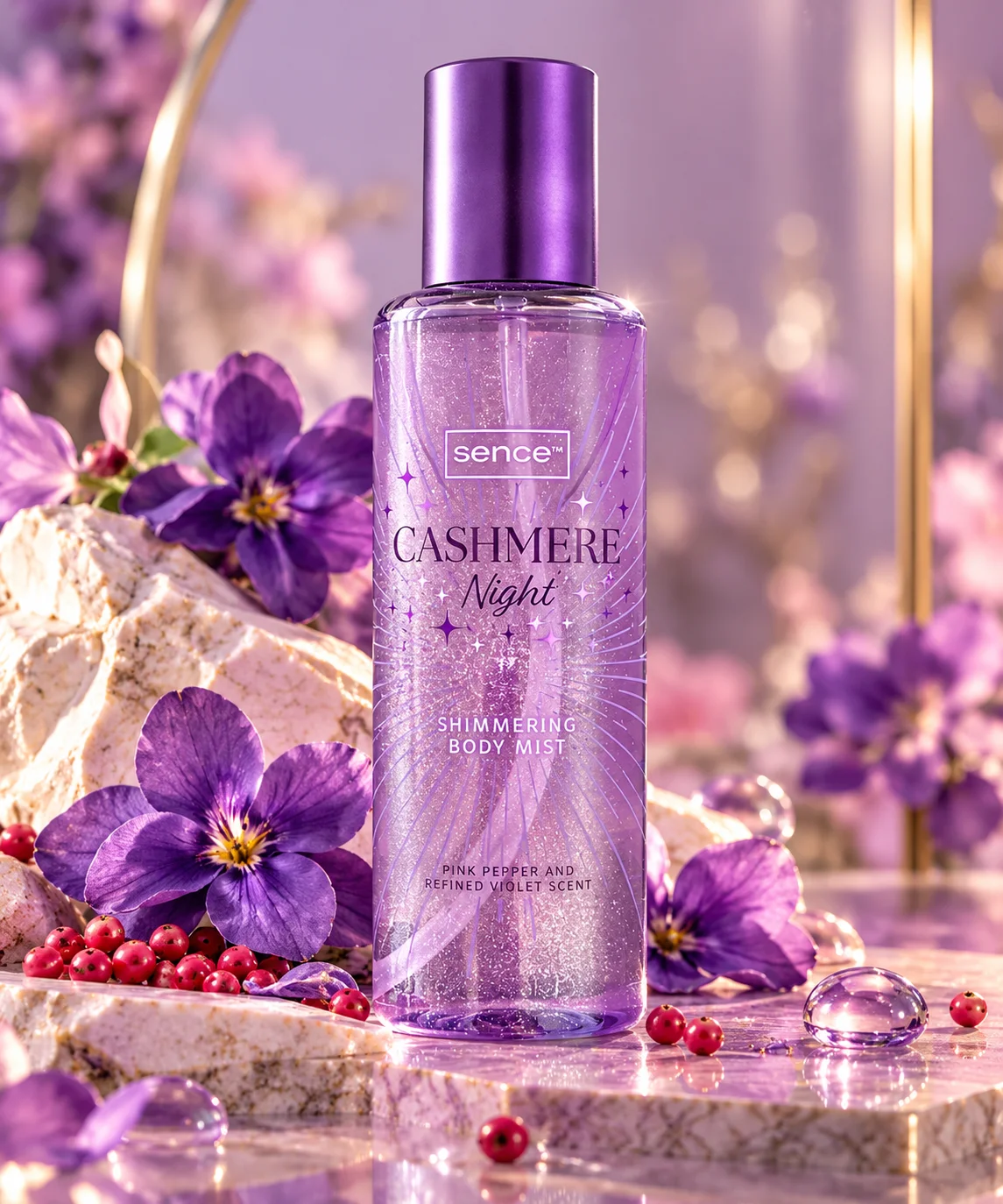 Spray Parfumat cu Sclipici pentru Corp SENCE – CASHMERE NIGHT, Aromă de Piper Roz și Violetă – 200 ml