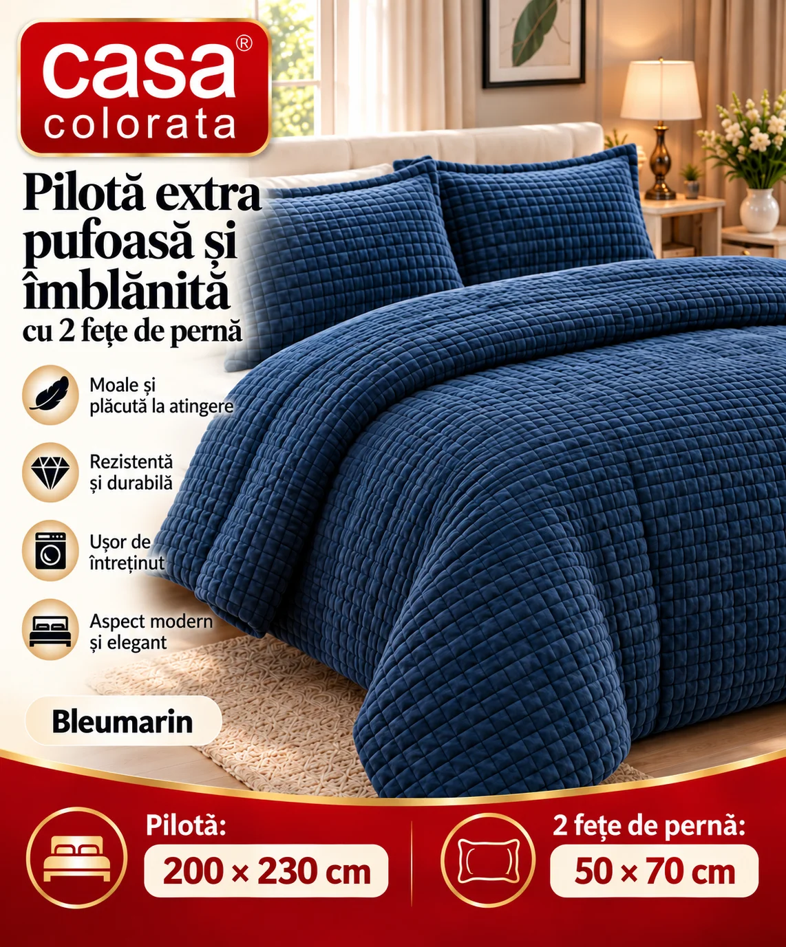 Pilotă Extra Pufoasă și Îmblănită cu 2 Fețe de Pernă Casa Colorată – BLEUMARIN, 200 × 230 cm.