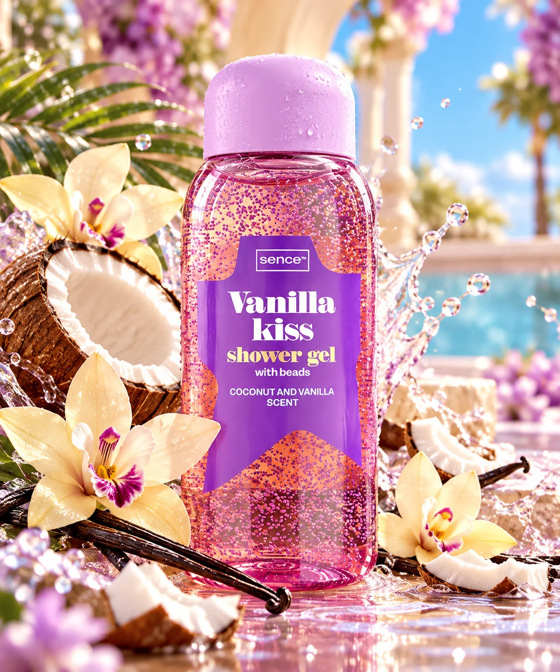 Gel de Duș SENCE – VANILLA KISS cu Particule, Aromă de Cocos și Vanilie – 300 ml