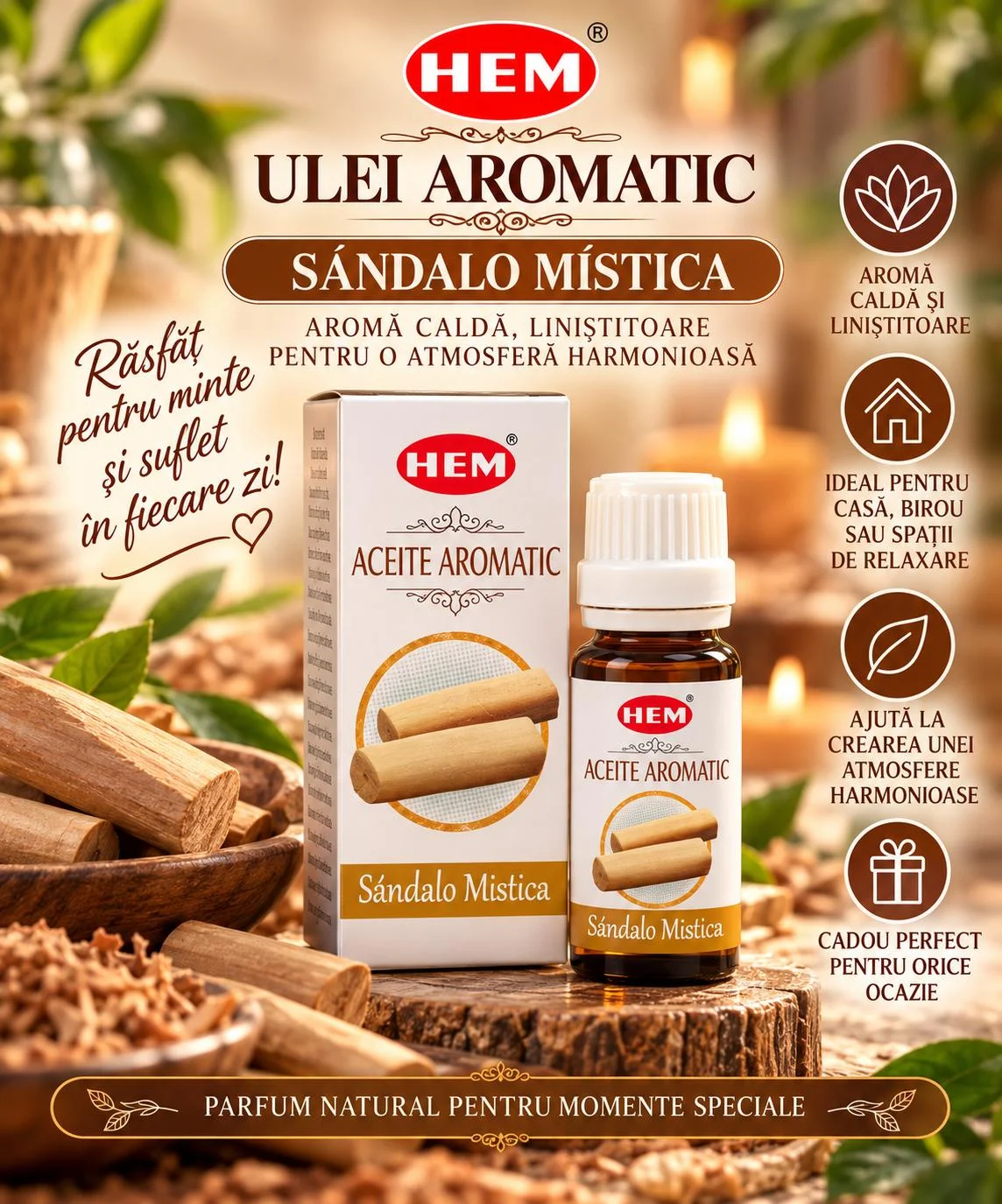 Ulei Parfumat HEM – SÁNDALO MÍSTICA, 10 ml.