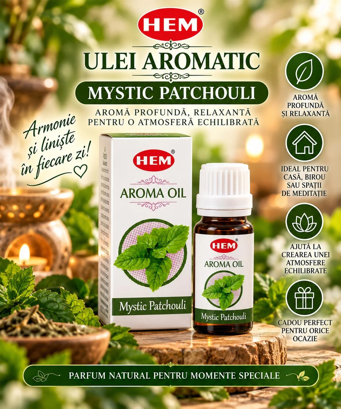 Ulei Parfumat HEM – MYSTIC PATCHOULI, 10 ml.