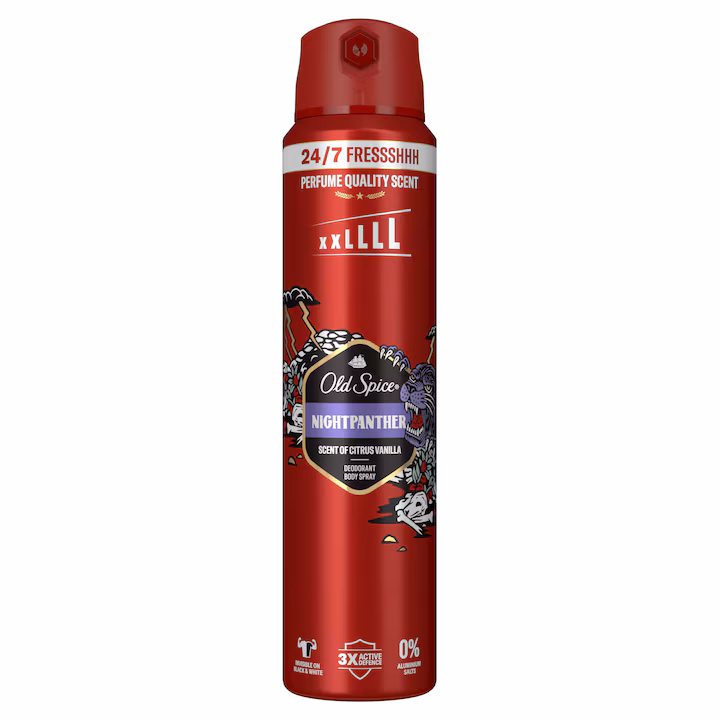 Old Spice NightPanther – Deodorant Spray pentru Bărbați cu Parfum de Citrice și Vanilie.