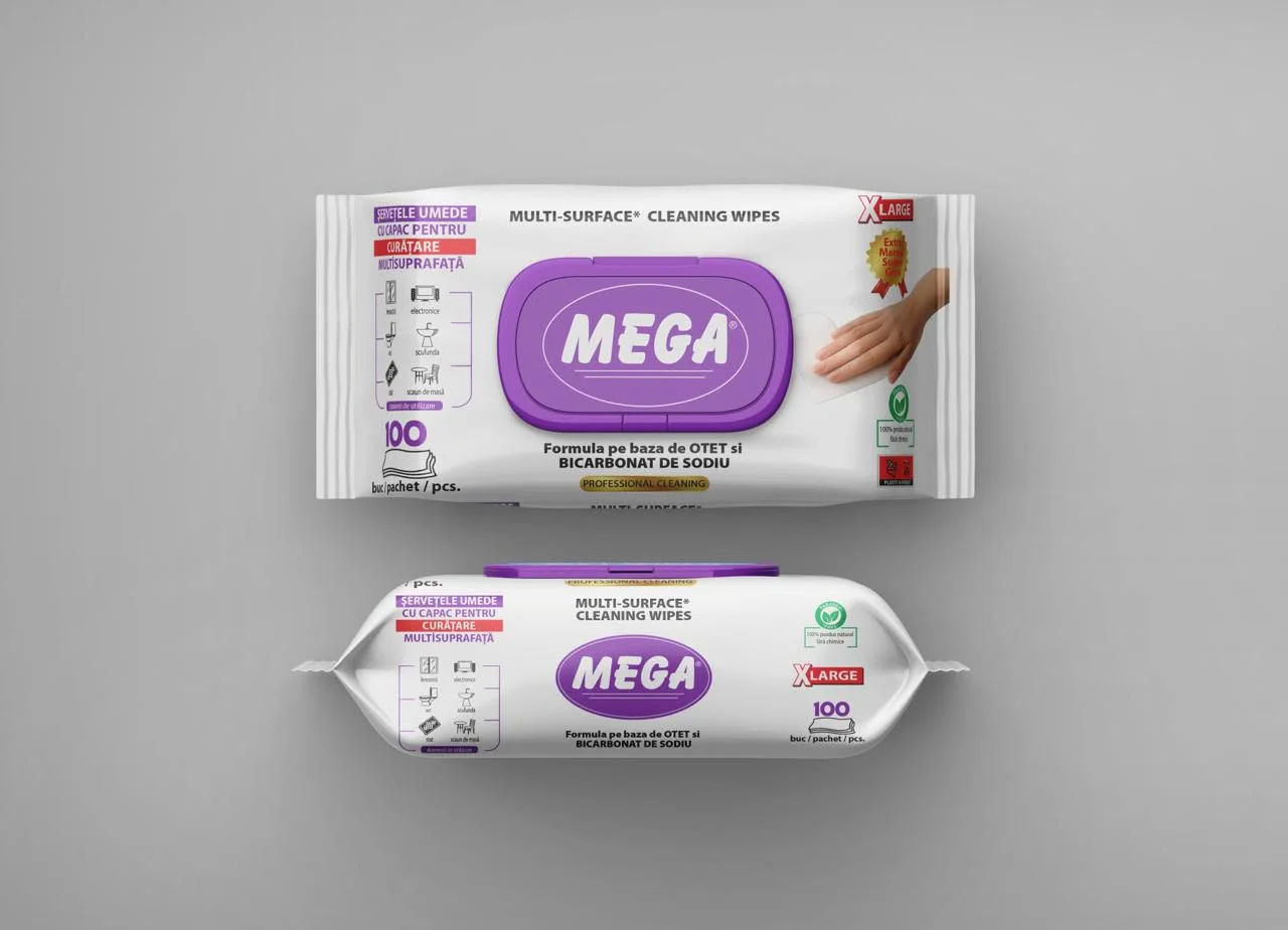 MEGA XLarge – Șervețele Umede pentru Curățarea Multisuprafețelor, cu Oțet și Bicarbonat de Sodiu, 100 buc.