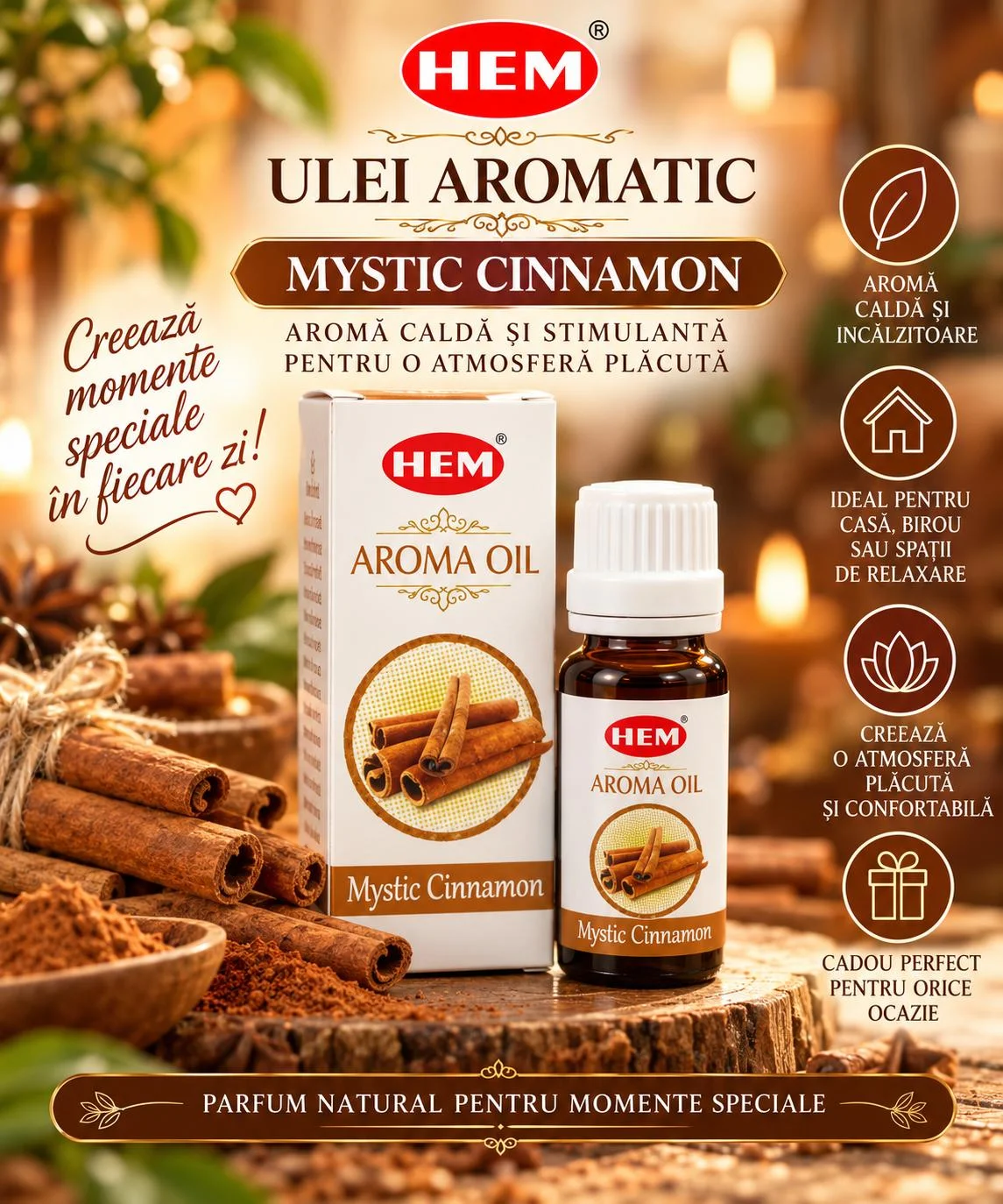 Ulei Parfumat HEM – MYSTIC CINNAMON, 10 ml.