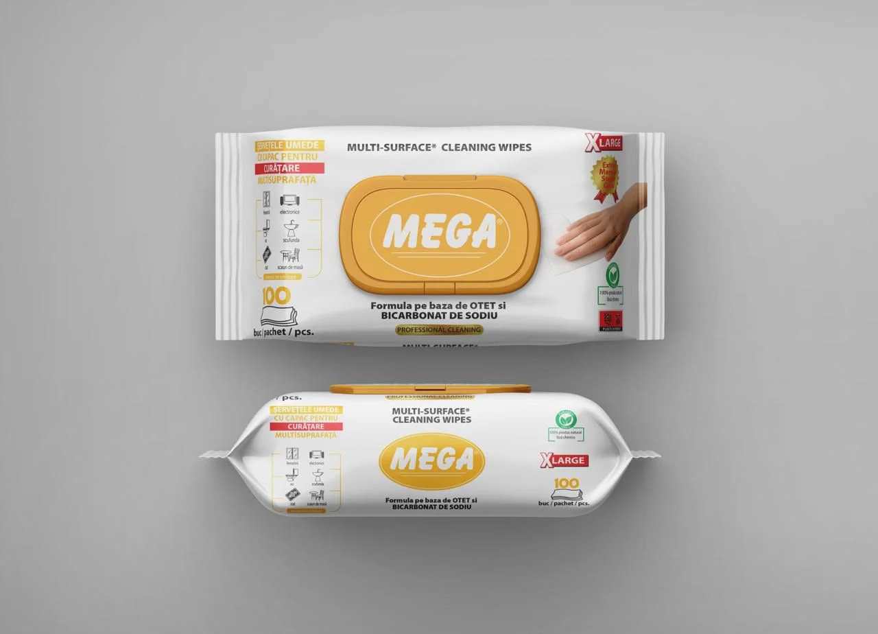 MEGA XLarge – Șervețele Umede pentru Curățarea Multisuprafețelor, cu Oțet și Bicarbonat de Sodiu, 100 buc.