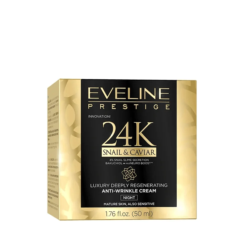Eveline Prestige 24K Snail & Caviar – Cremă de Noapte Antirid Intens Regenerantă pentru Ten Matur și Sensibil, 50 ml.