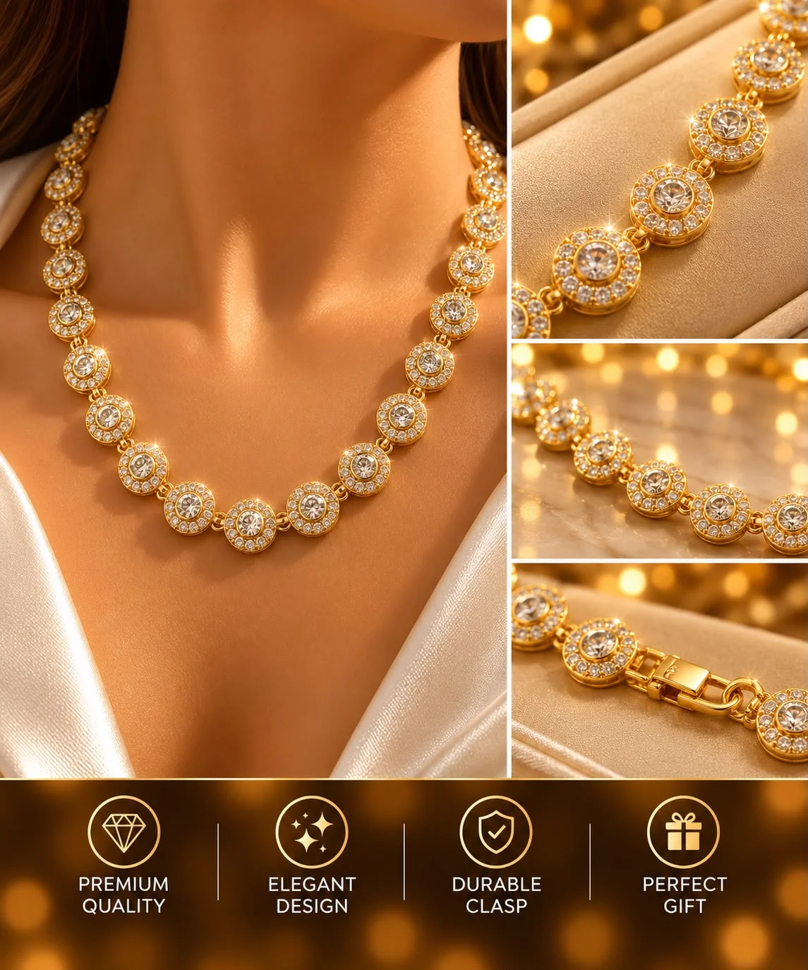 Colier Auriu Elegant cu Medalioane Rotunde și Pietre Strălucitoare.