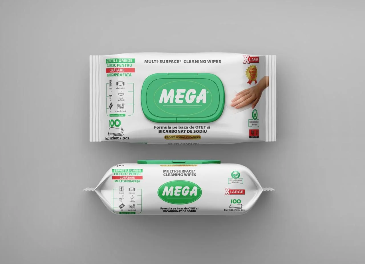 MEGA XLarge – Șervețele Umede pentru Curățarea Multisuprafețelor, cu Oțet și Bicarbonat de Sodiu, 100 buc.