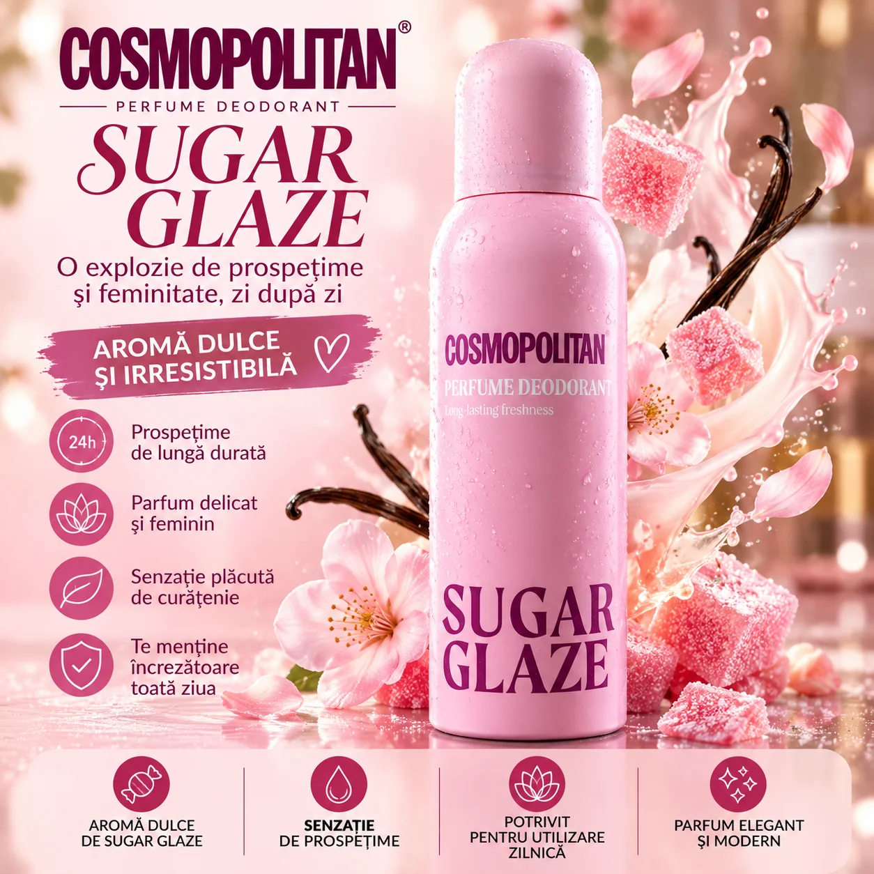 Deodorant Spray Parfumat COSMOPOLITAN – SUGAR GLAZE, 200 ml