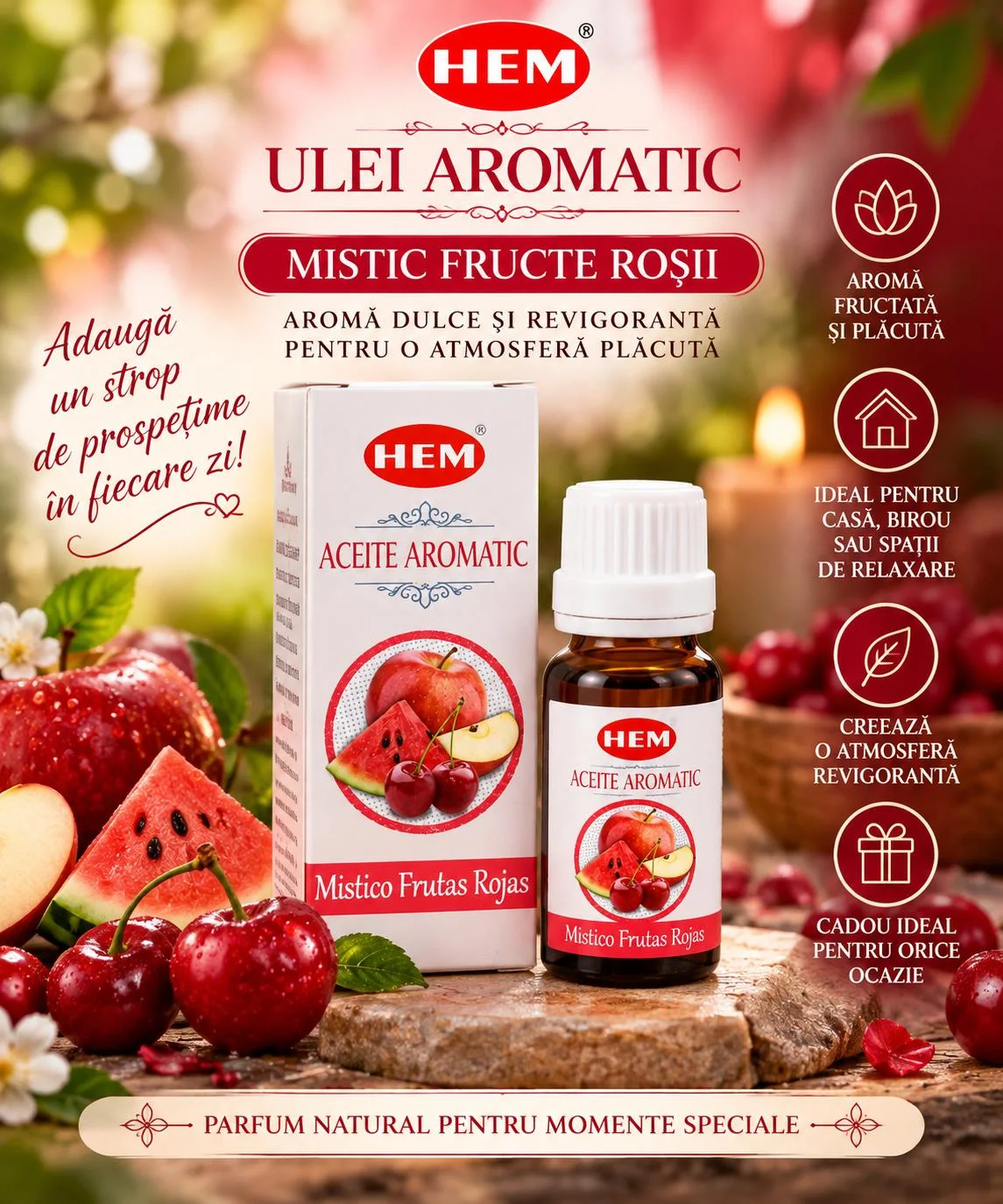 Ulei Parfumat HEM – MISTICO FRUTAS ROJAS, 10 ml.