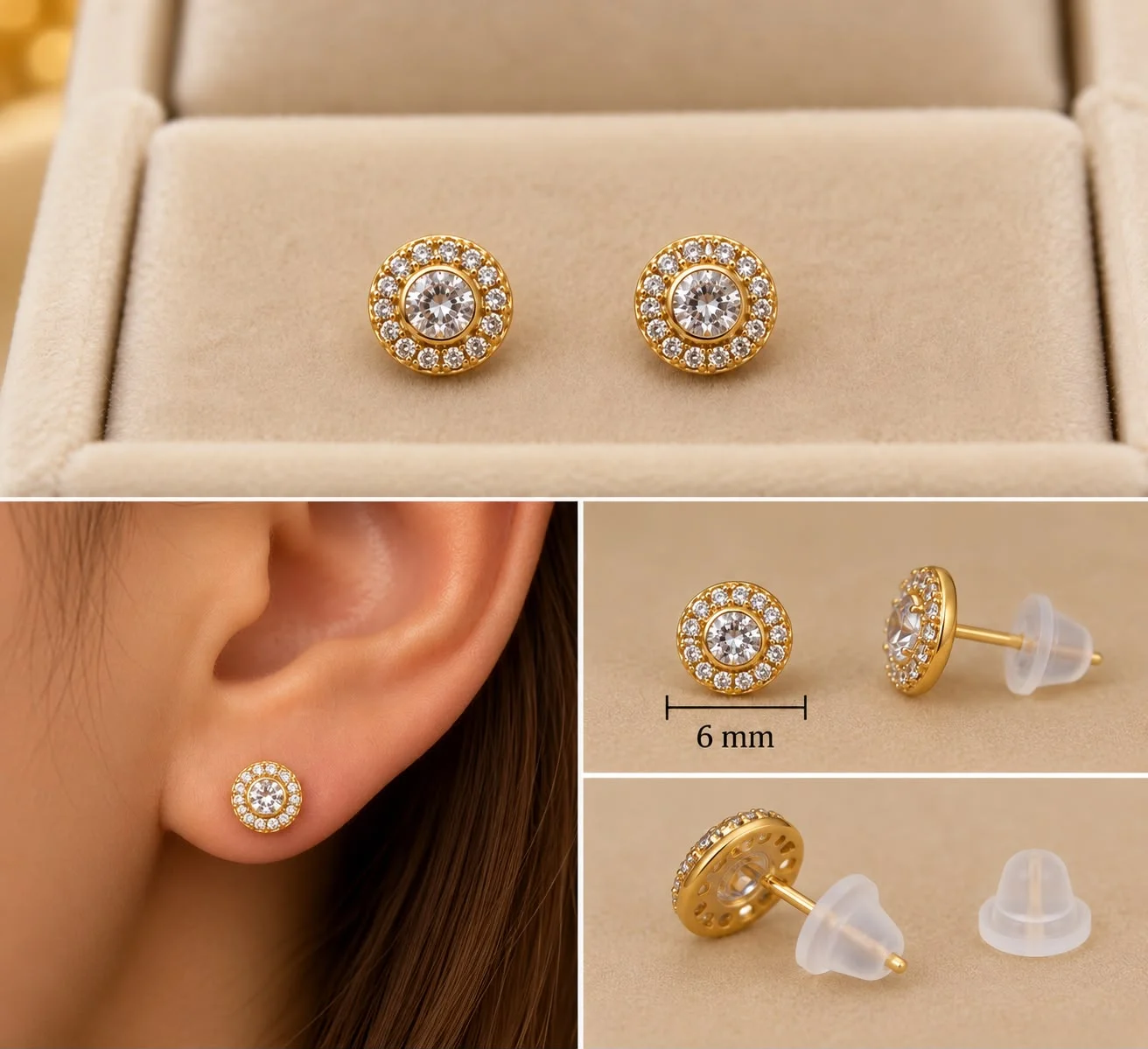 Cercei Aurii Eleganți Rotunzi cu Pietre Strălucitoare – 6 mm.
