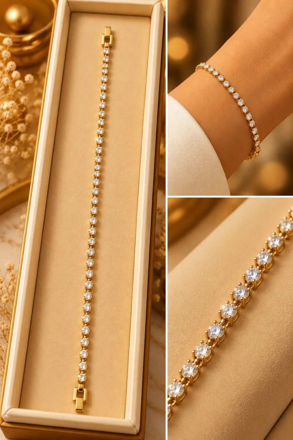 Brățară Aurie Elegantă Tip Tennis cu Pietre Rotunde Strălucitoare.