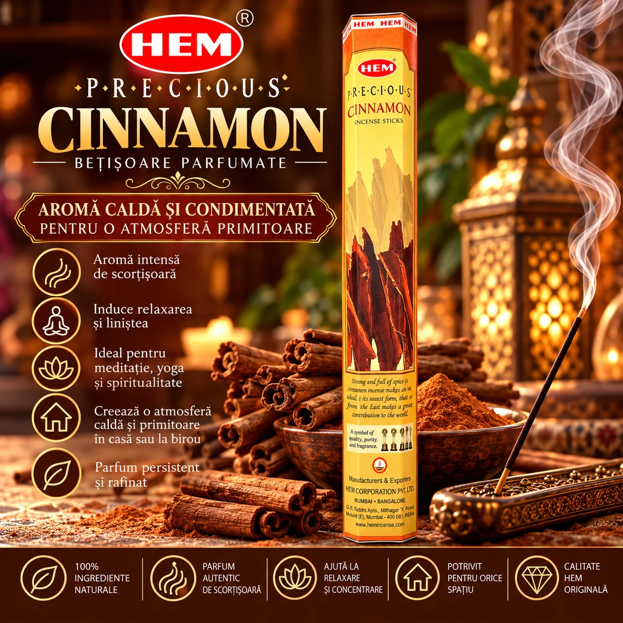 Bețișoare Parfumate HEM – PRECIOUS CINNAMON, Scorțișoară.
