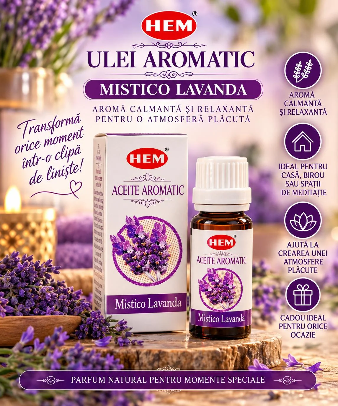 Ulei Parfumat HEM – MISTICO LAVANDA, 10 ml.