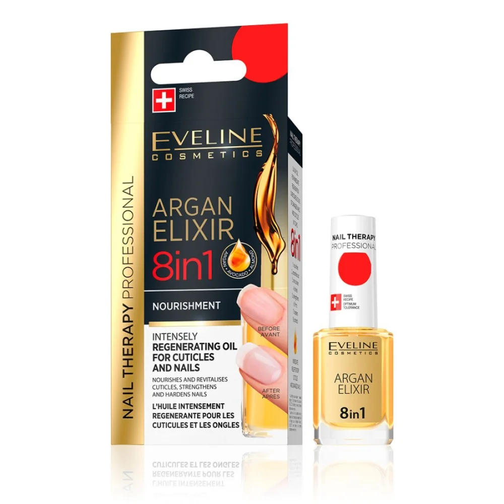 Ulei Regenerator pentru Unghii și Cuticule Eveline Argan Elixir 8 în 1 – 12 ml