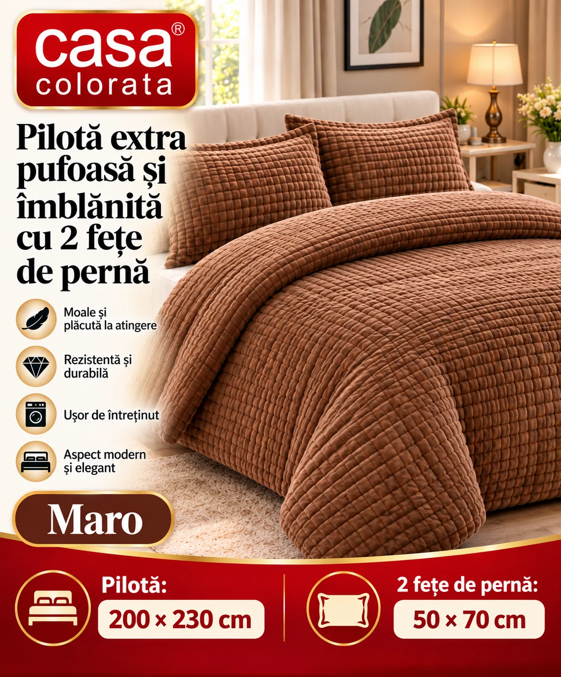 Pilotă Extra Pufoasă și Îmblănită cu 2 Fețe de Pernă Casa Colorată – MARO, 200 × 230 cm.